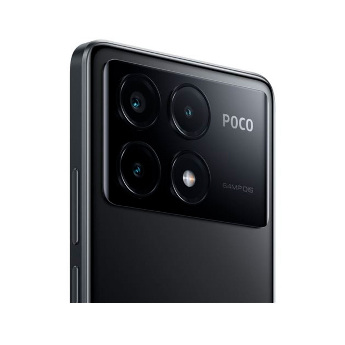 Schwarze Telefonrückseite mit Kamera. POCO-Logo. 64MP OIS ist geschrieben.