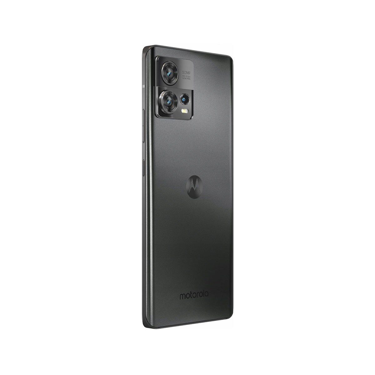 Czarny tył telefonu Motorola z aparatami, pod kątem. Czarne tło, dobrze oświetlone.