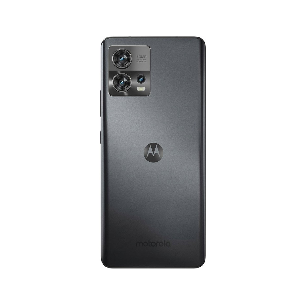 Tył szarego telefonu Motorola z dwoma aparatami i logo Motorola. Szary tył.