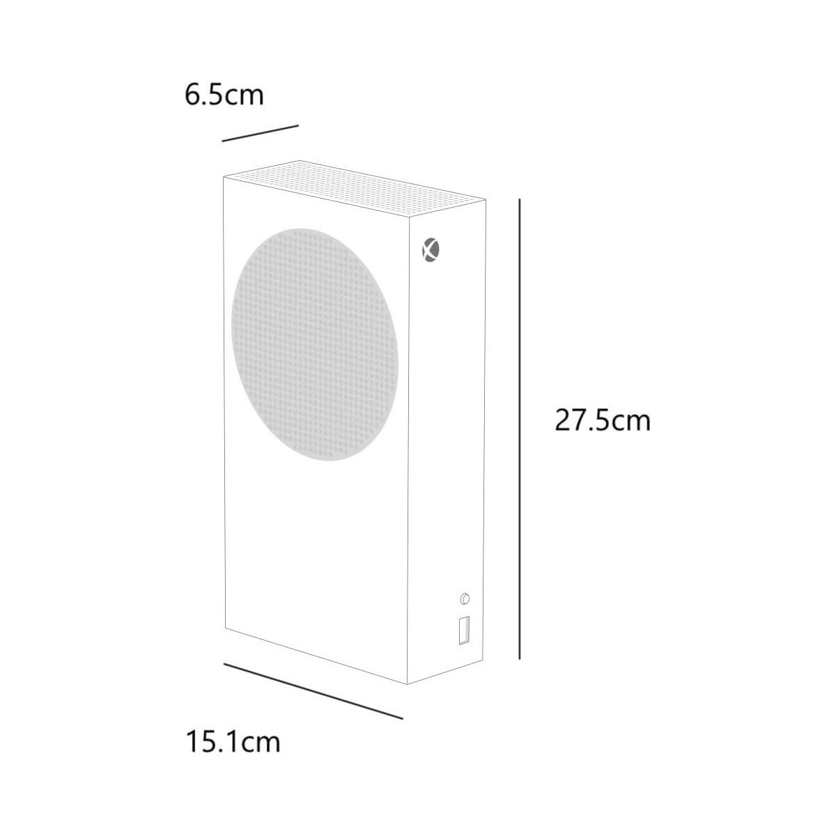 Eine Xbox Series S Konsole, weiß mit schwarzen Details. Es hat auf der Seite beschriftete Abmessungen.