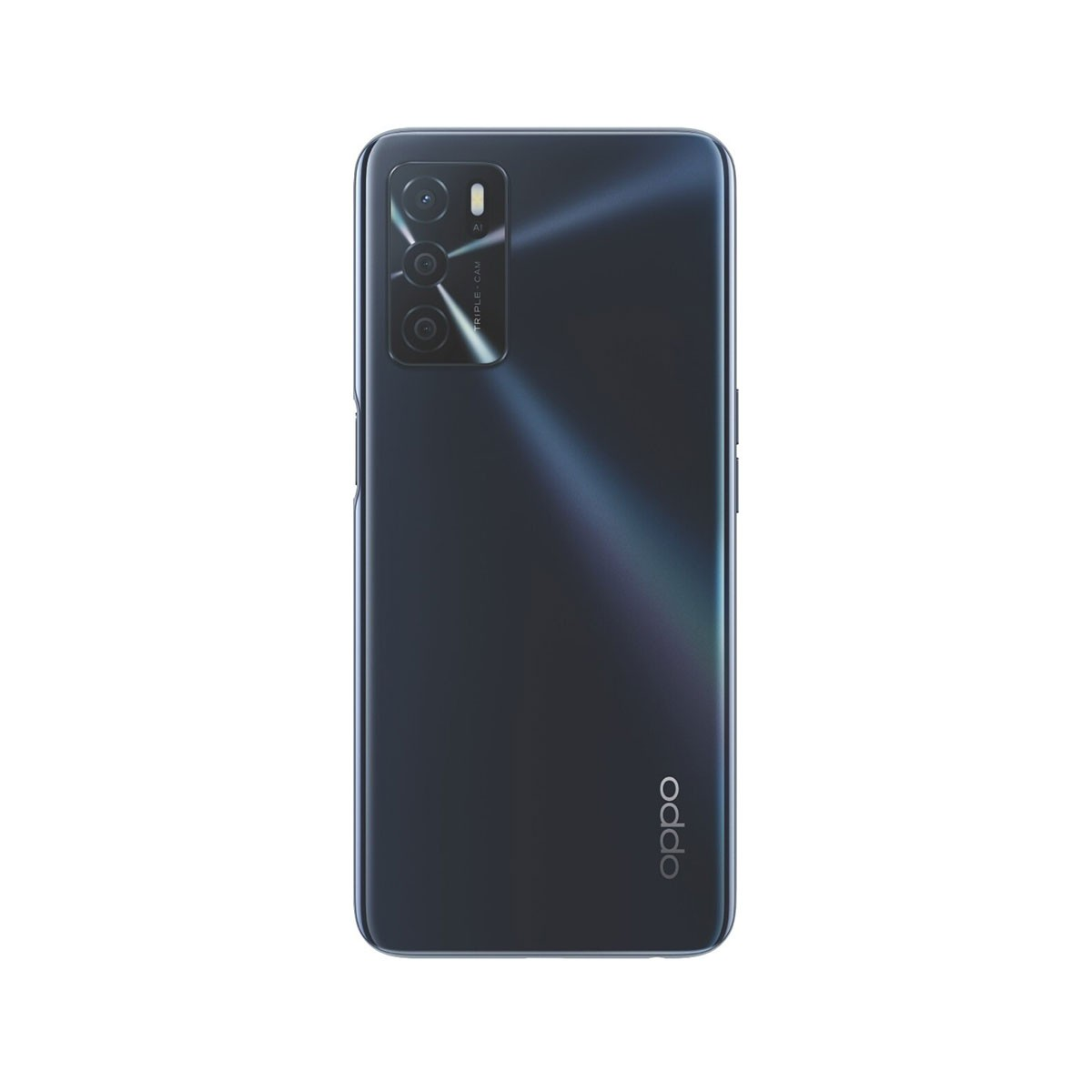 Czarny smartfon, widok z tyłu, z potrójnym aparatem i logo Oppo, białe tło.