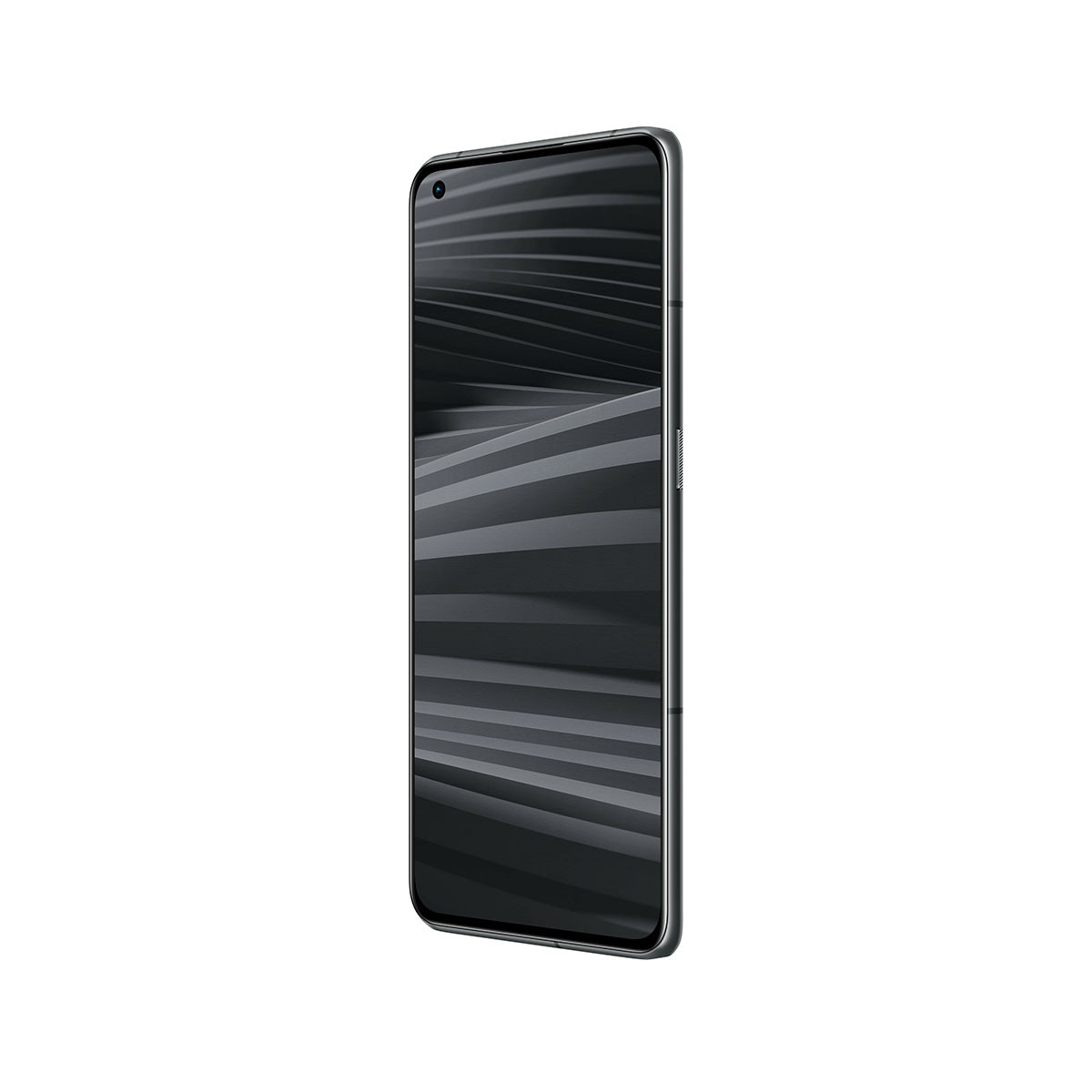 Ein schwarzes Smartphone mit gebogenem Bildschirm, auf weißem Hintergrund.