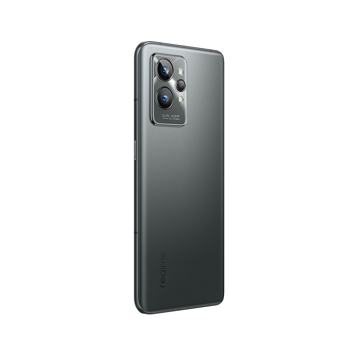 Graues Telefon mit zwei Kameras. Realme-Logo unten. Schlankes Design. Weißer Hintergrund.