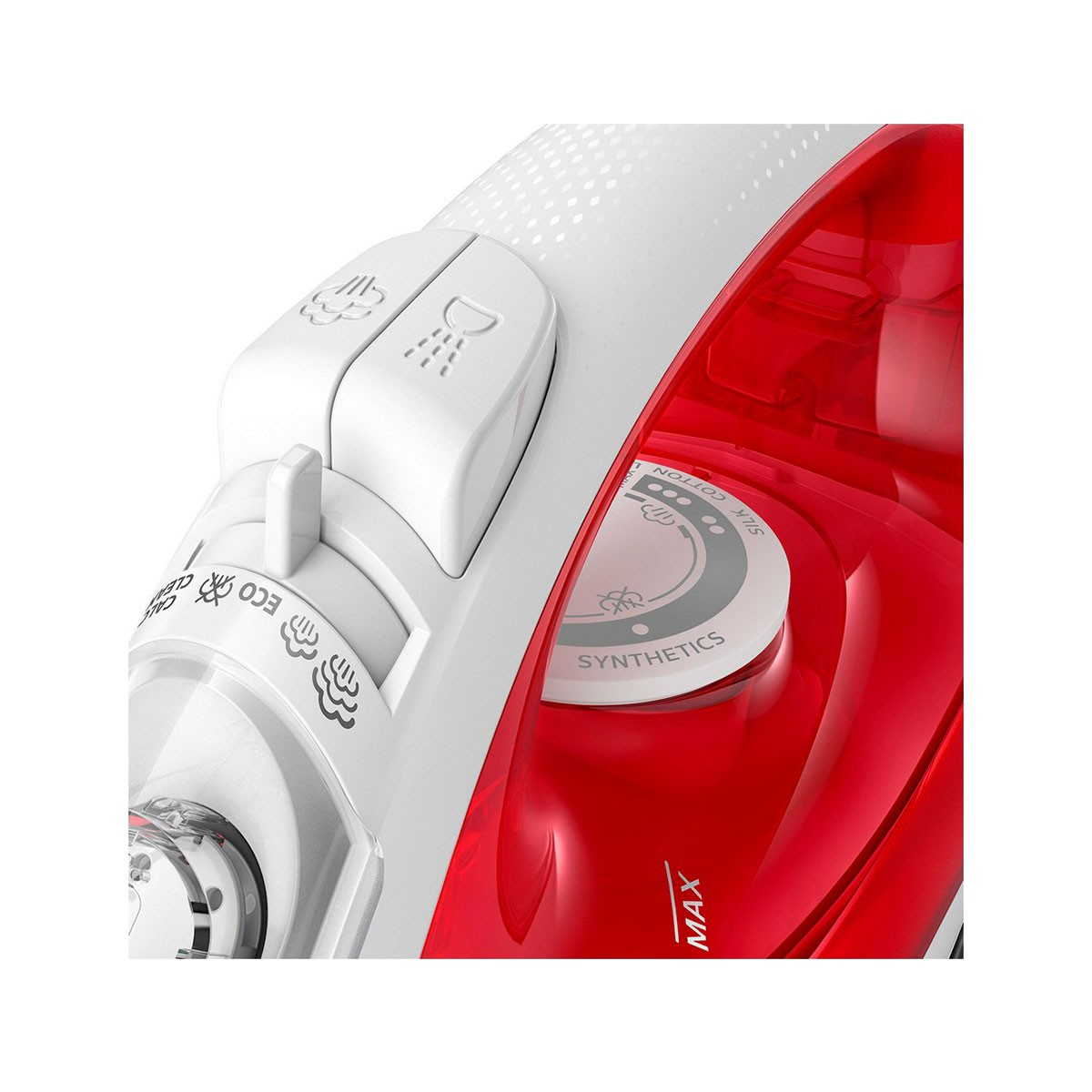 Primer plano de una plancha. Blanco y rojo. Controles visibles. Iconos de vapor y planchado.