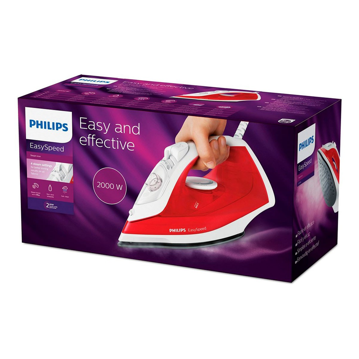 Plancha roja Philips en caja. Mano sosteniendo. Fondo blanco.
