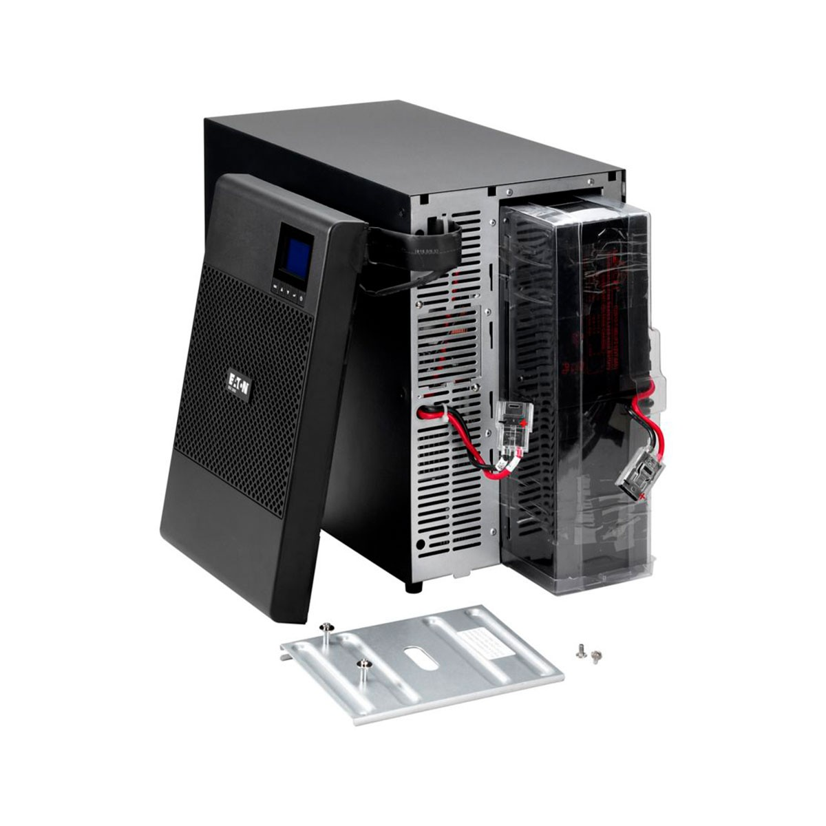 Eaton USV-System mit freiliegenden Komponenten, schwarz und silber, auf weißem Hintergrund.