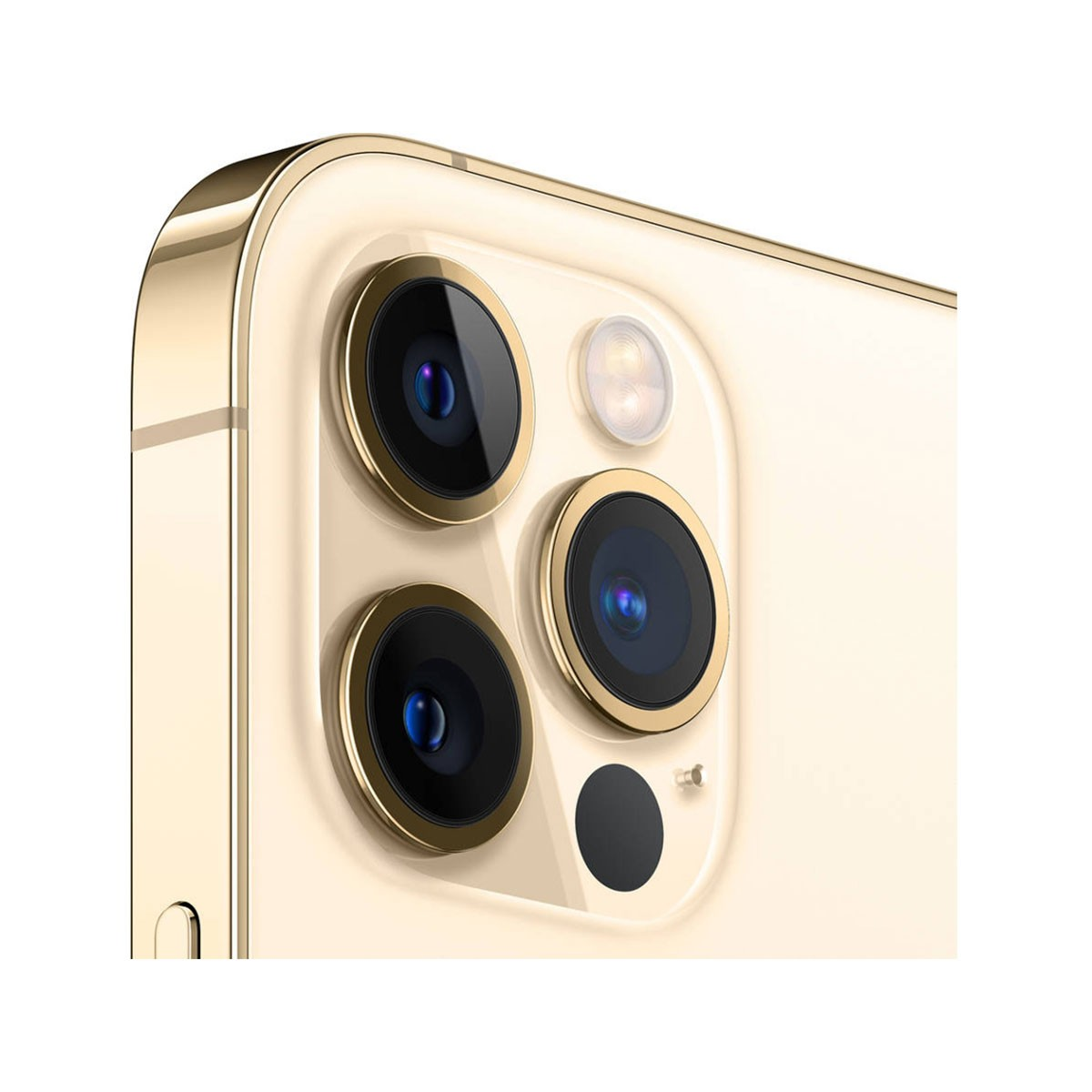 Zbliżenie złotego modułu aparatu iPhone'a z trzema obiektywami i lampą.