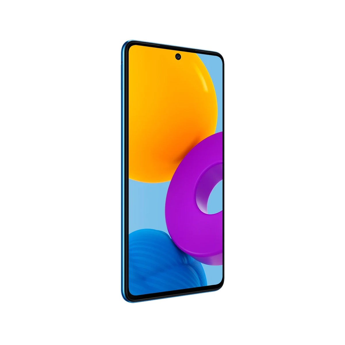 Smartphone blu con sfondo colorato. Cerchi gialli, viola e blu sullo schermo.