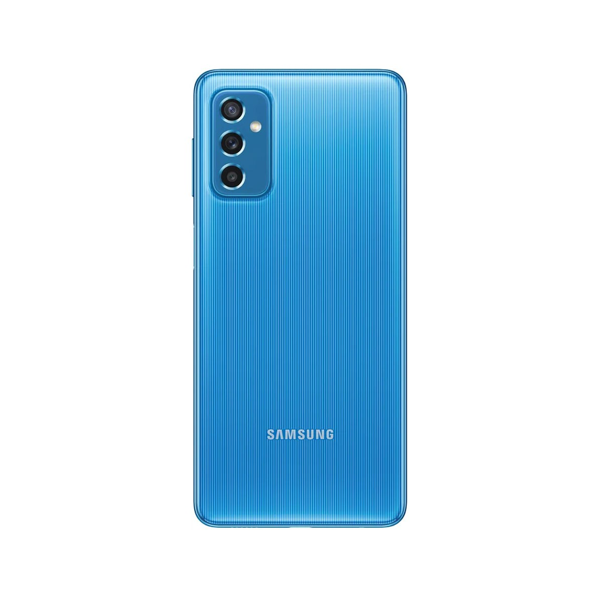 Il retro di un telefono Samsung azzurro. Il telefono ha linee verticali. Tre fotocamere in alto.