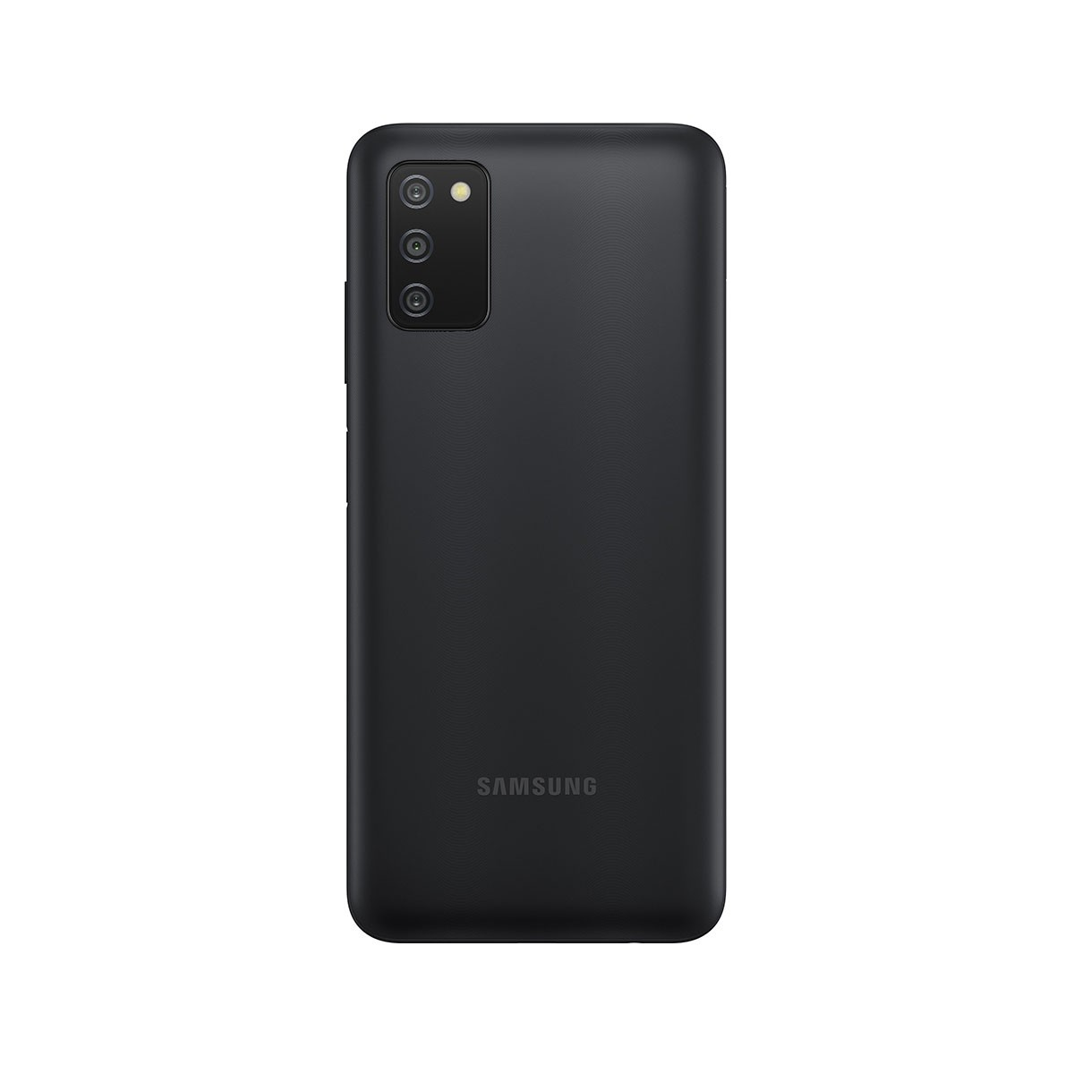 Czarny smartfon Samsung, widok z tyłu, z potrójnym aparatem i logo.