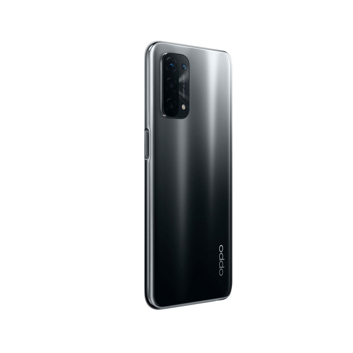 Schwarzes Telefon. Rückseite zeigt Kameras und das OPPO-Logo. Seitenansicht.