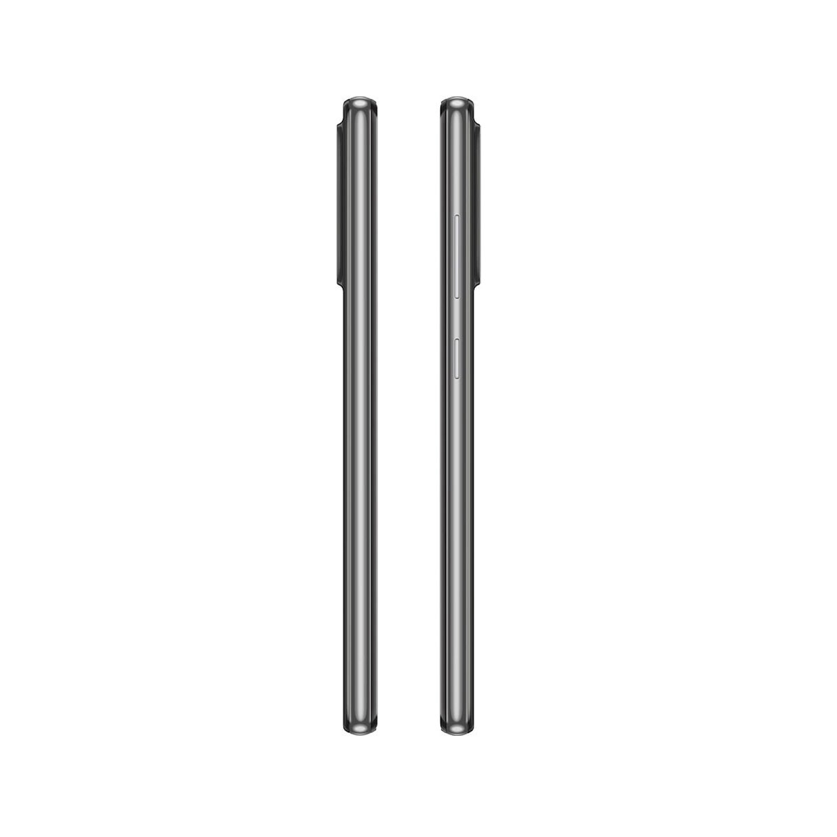 Zwei identische, schlanke, schwarze Smartphones in vertikaler Anordnung.