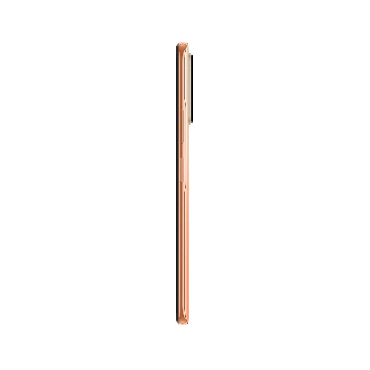 Widok z boku telefonu w kolorze różowego złota. Ma wystającą kamerę i elegancki, smukły design.