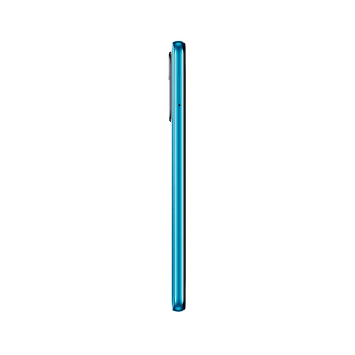 Ein türkisfarbenes Smartphone, Seitenansicht, vor weißem Hintergrund, zeigt den Rand.