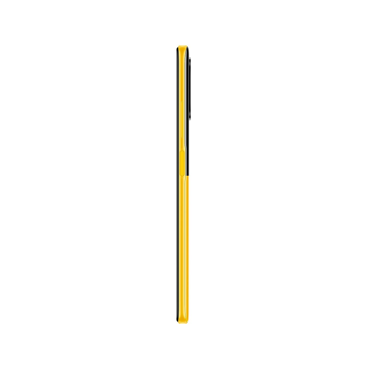 Vista laterale di uno smartphone giallo, modulo fotocamera nero, sfondo bianco.