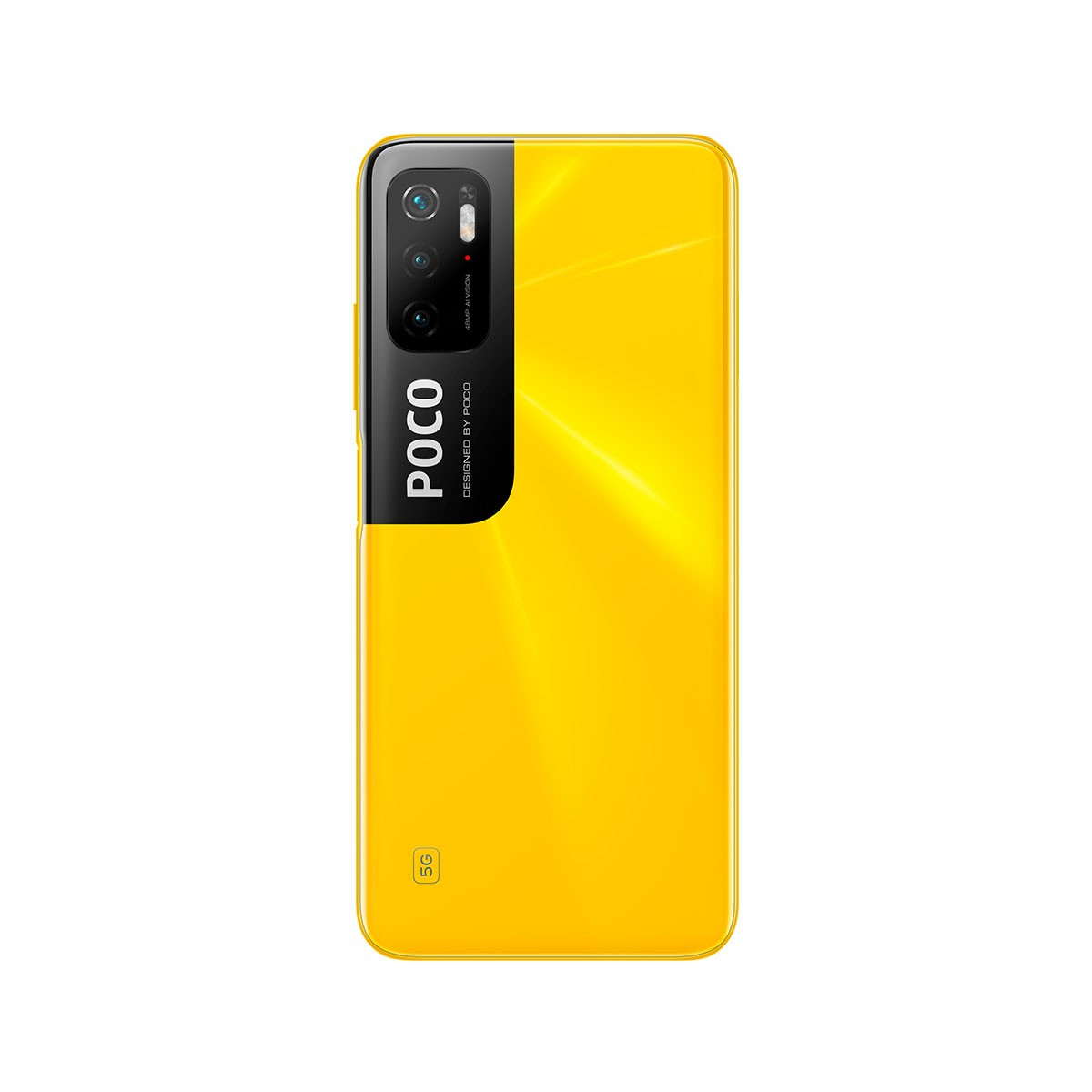 Smartphone POCO giallo con modulo fotocamera nero e marchio POCO.