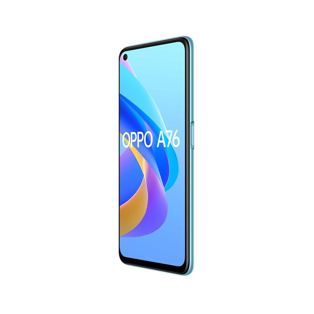 Teléfono azul Oppo A76, mostrando texto, en primer plano, vista lateral.