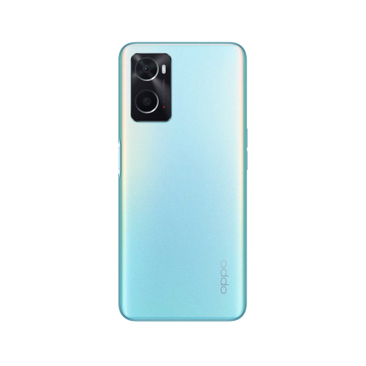 Parte trasera de un smartphone azul claro con cámaras y logotipo de Oppo, sobre fondo blanco.