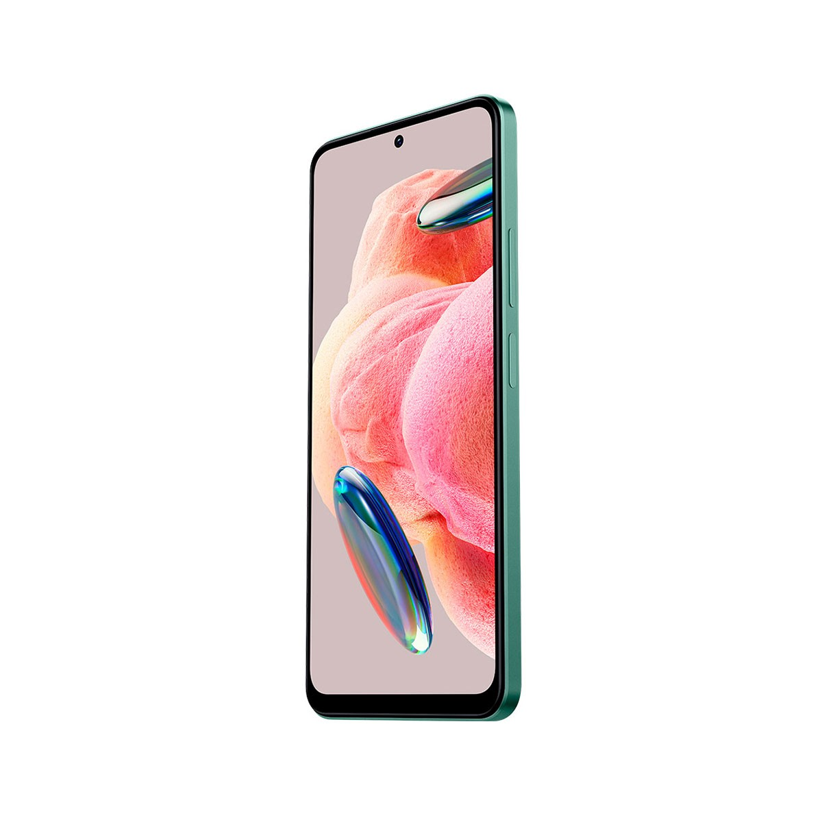 Grünes Smartphone mit rosa und blauem Hintergrund und einer Kamera. Seitenansicht.