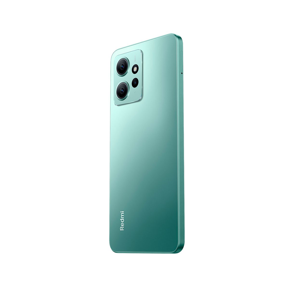 Grünes Smartphone, schräge Ansicht, zeigt die Rückkameras und das Redmi-Logo.