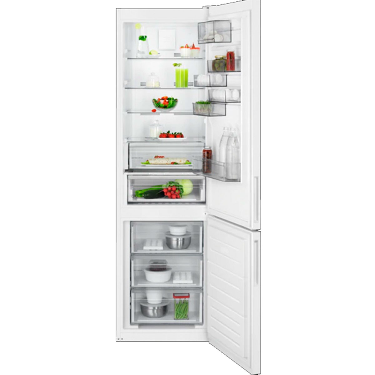 Refrigerador blanco con puerta abierta, mostrando estantes con alimentos.