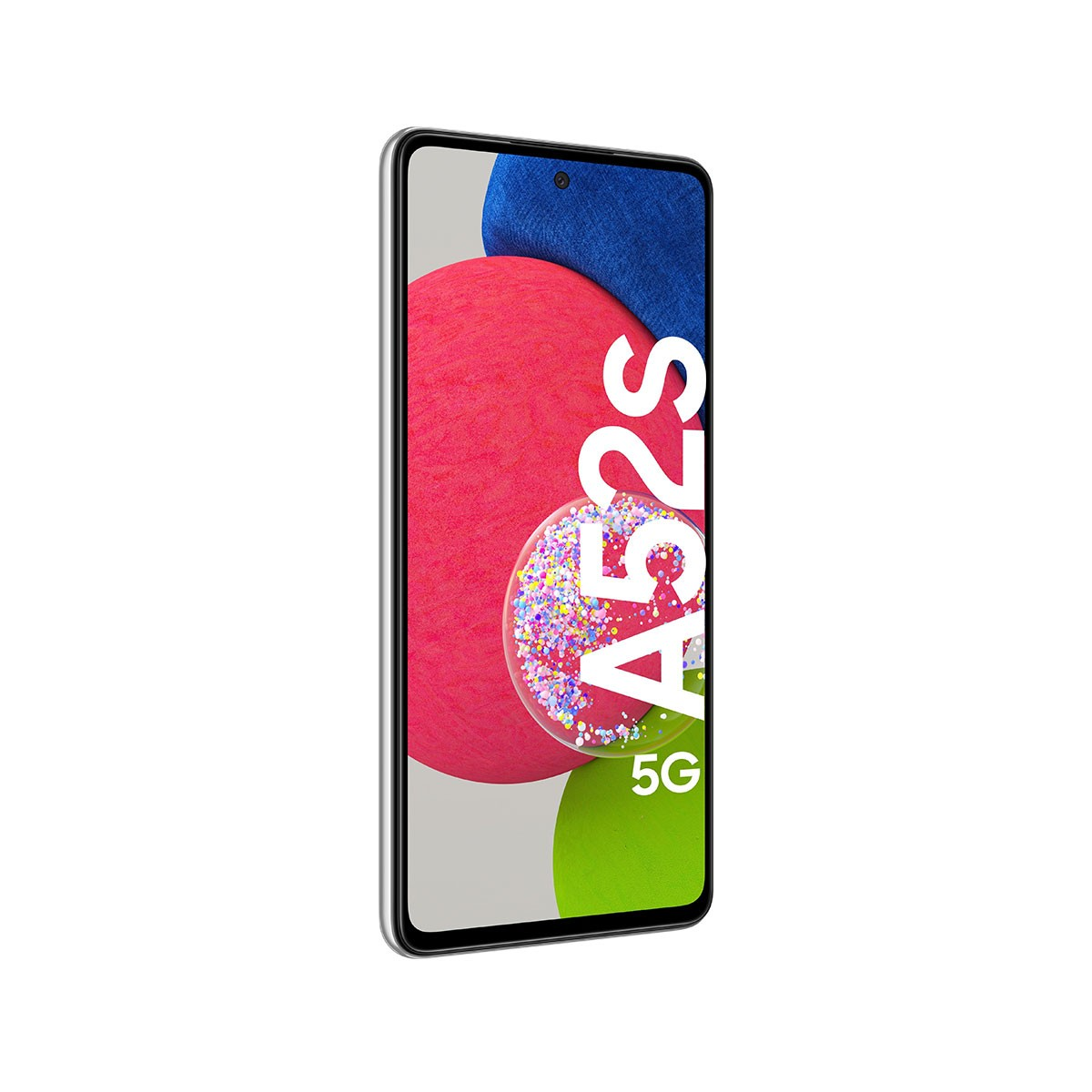 Samsung A52S 5G-telefoon, scherm toont kleurrijke vormen, met een zilveren frame.