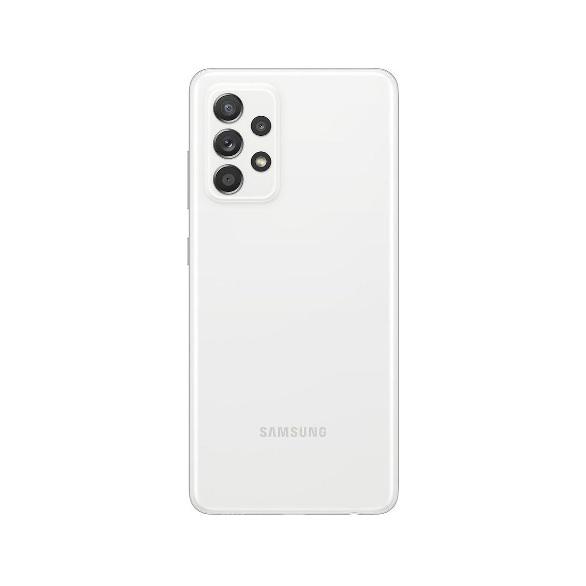 Witte Samsung telefoon met een multi-camera opstelling op de achterkant, tegen een witte achtergrond.
