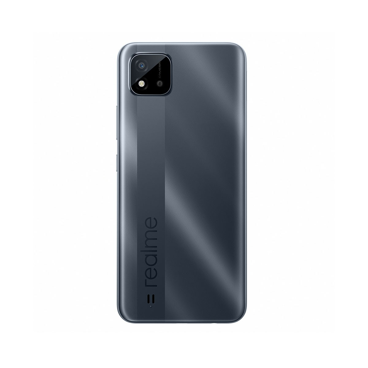 Ein dunkelgraues Smartphone mit Kamera oben links und dem Wort 'realme'.