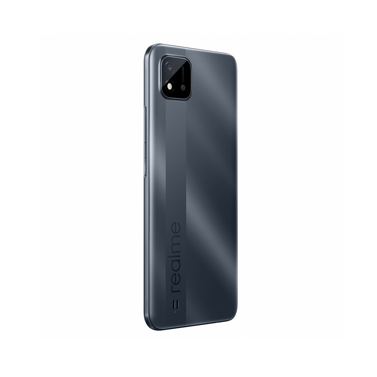 Graues Smartphone, Rückansicht. Kameramodul und Marke 'realme' sichtbar.