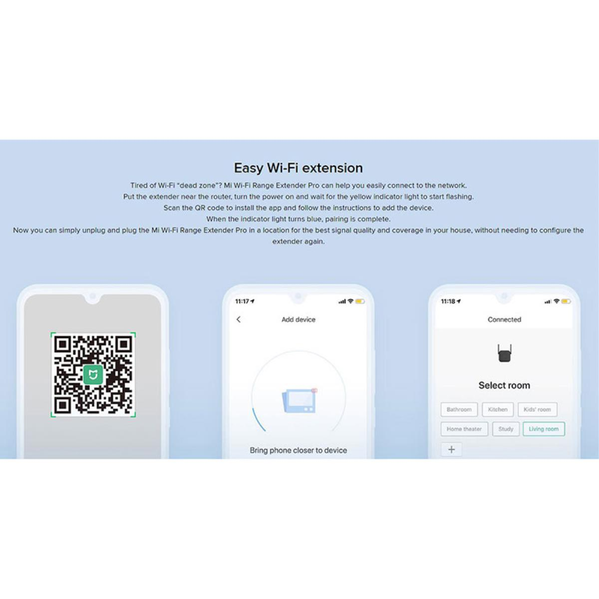 Zrzuty ekranu telefonów pokazujące konfigurację rozszerzenia Wi-Fi z kodem QR.