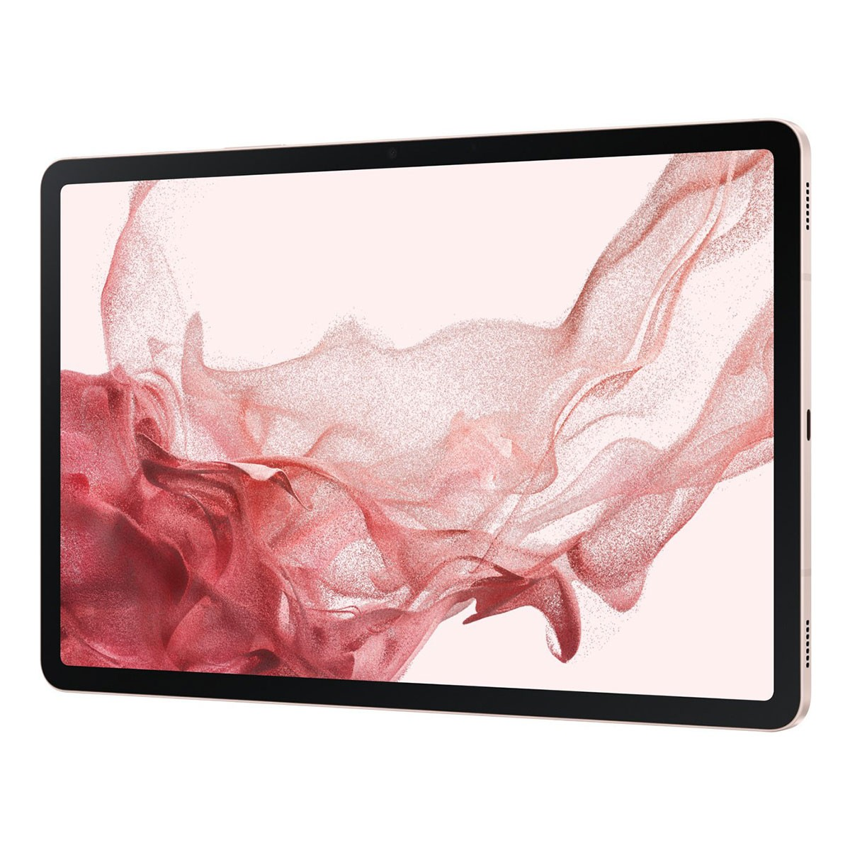 Una tableta con un diseño abstracto rosa y rojo, marco negro y bisel dorado.