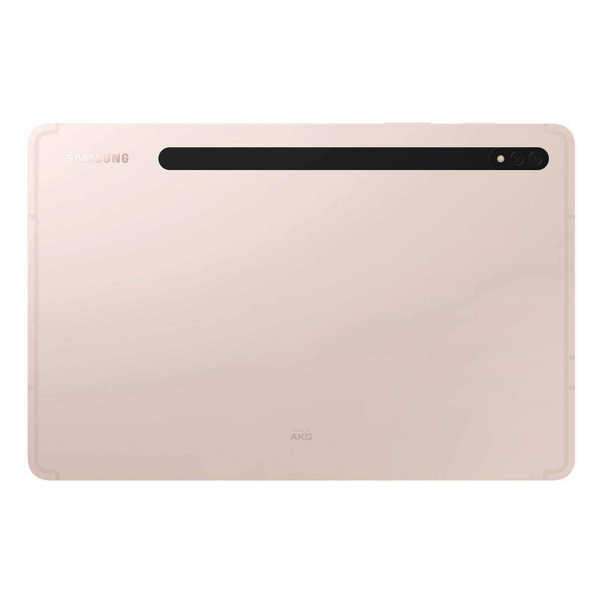 Una tableta rosa sobre fondo blanco. Tiene una cámara lateral y el logo AKG.