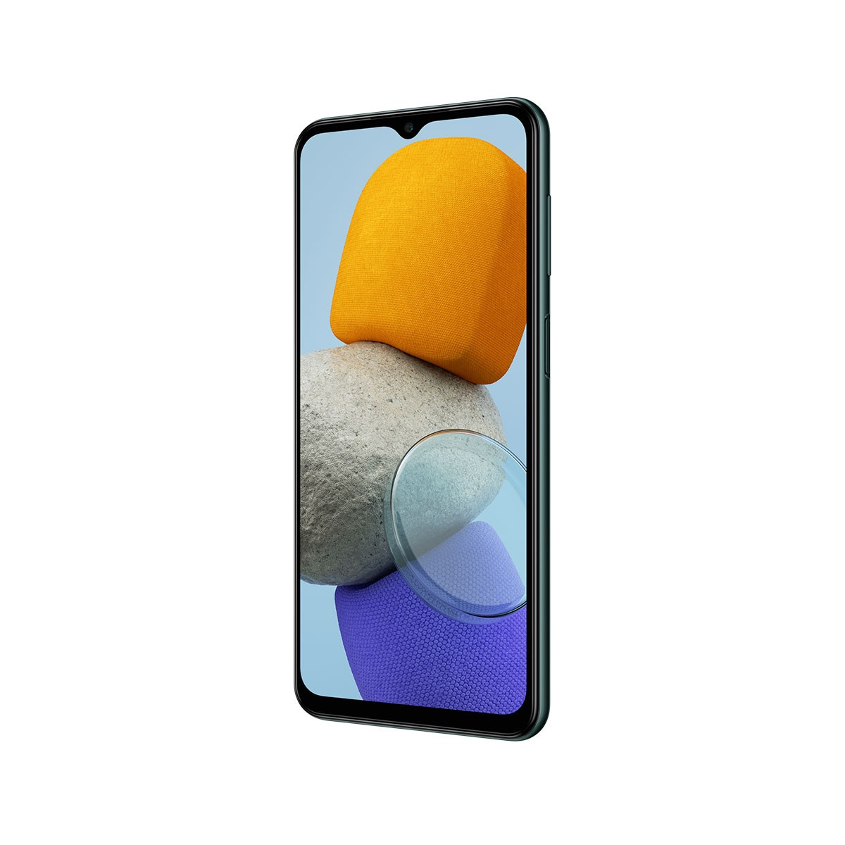 Smartphone avec écran, avec des formes orange et grises. Cadre noir.