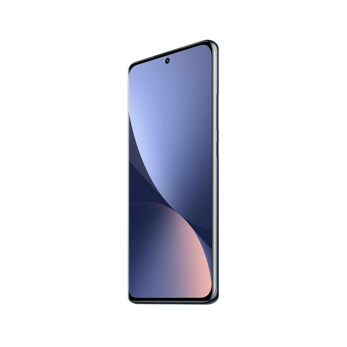 Een nieuwe smartphone wordt in profiel getoond, met een blauw scherm en een witte achtergrond.