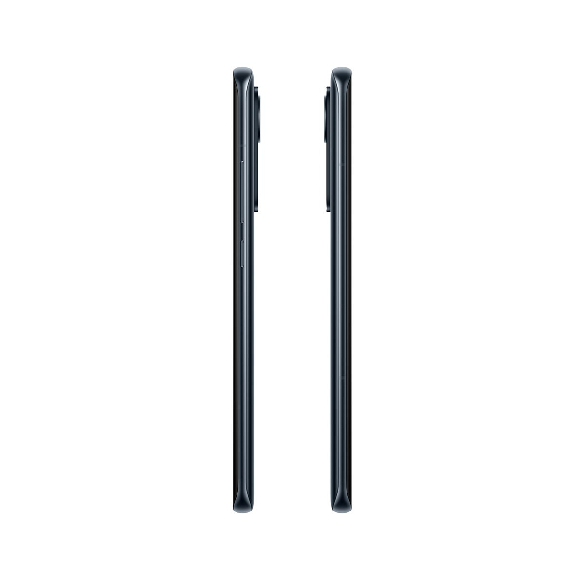 Twee zwarte smartphones, zijaanzicht. Ze staan verticaal tegen een witte achtergrond.