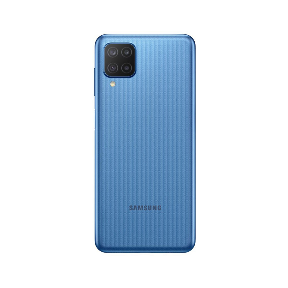 Eine blaue Smartphone-Rückseite mit vier Kameras und dem Samsung-Logo.