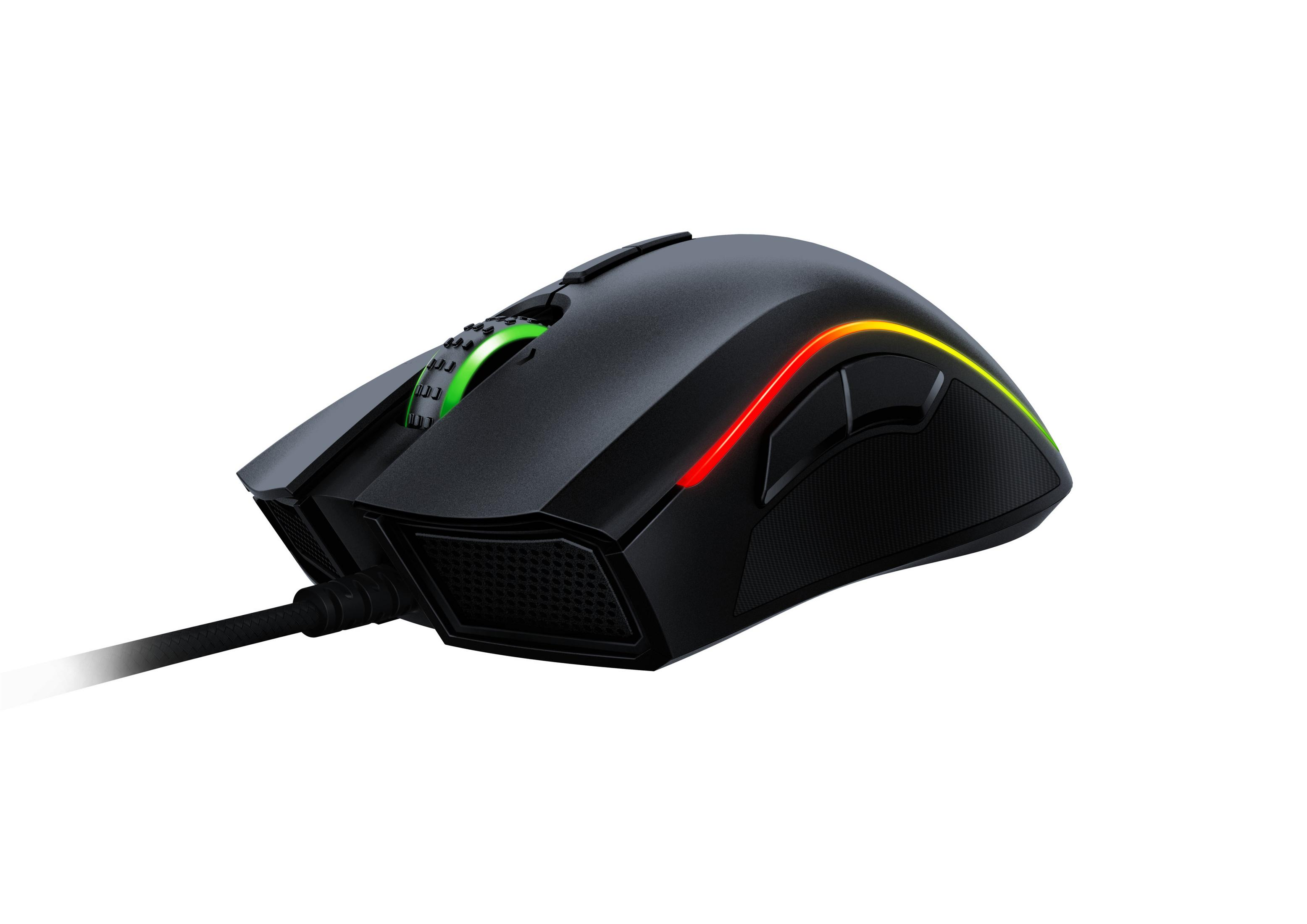 Schwarze Gaming-Maus mit RGB-Beleuchtung. Zeigt rote und grüne Lichter an den Seiten und oben.