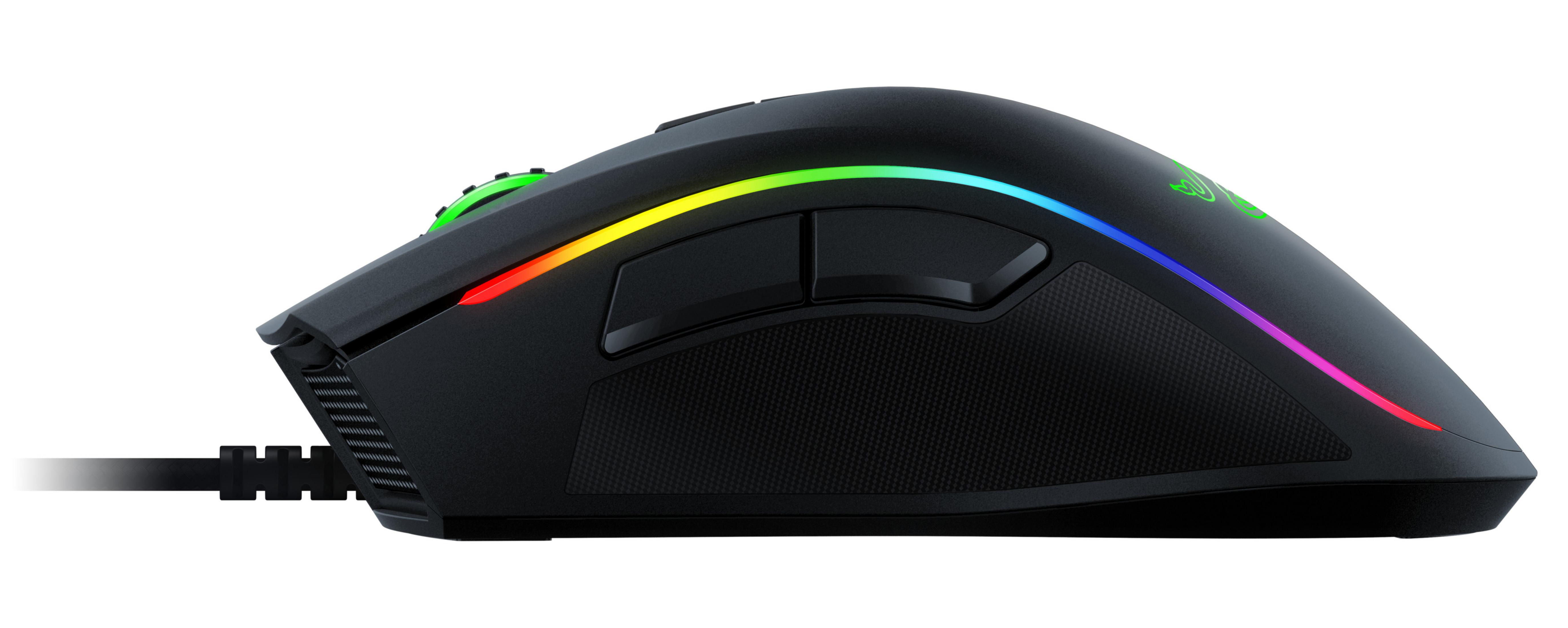 Schwarze Gaming-Maus mit RGB-Beleuchtung, Seitenansicht. Mit Tasten und strukturierter Grifffläche.