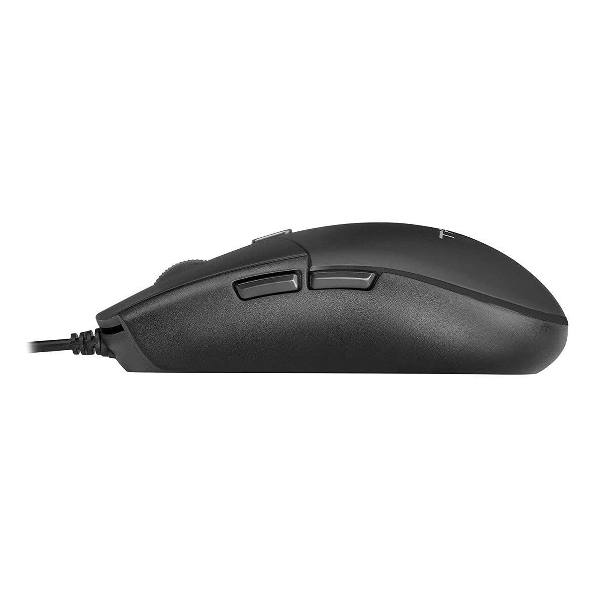 Side view of a black computer mouse with two buttons.