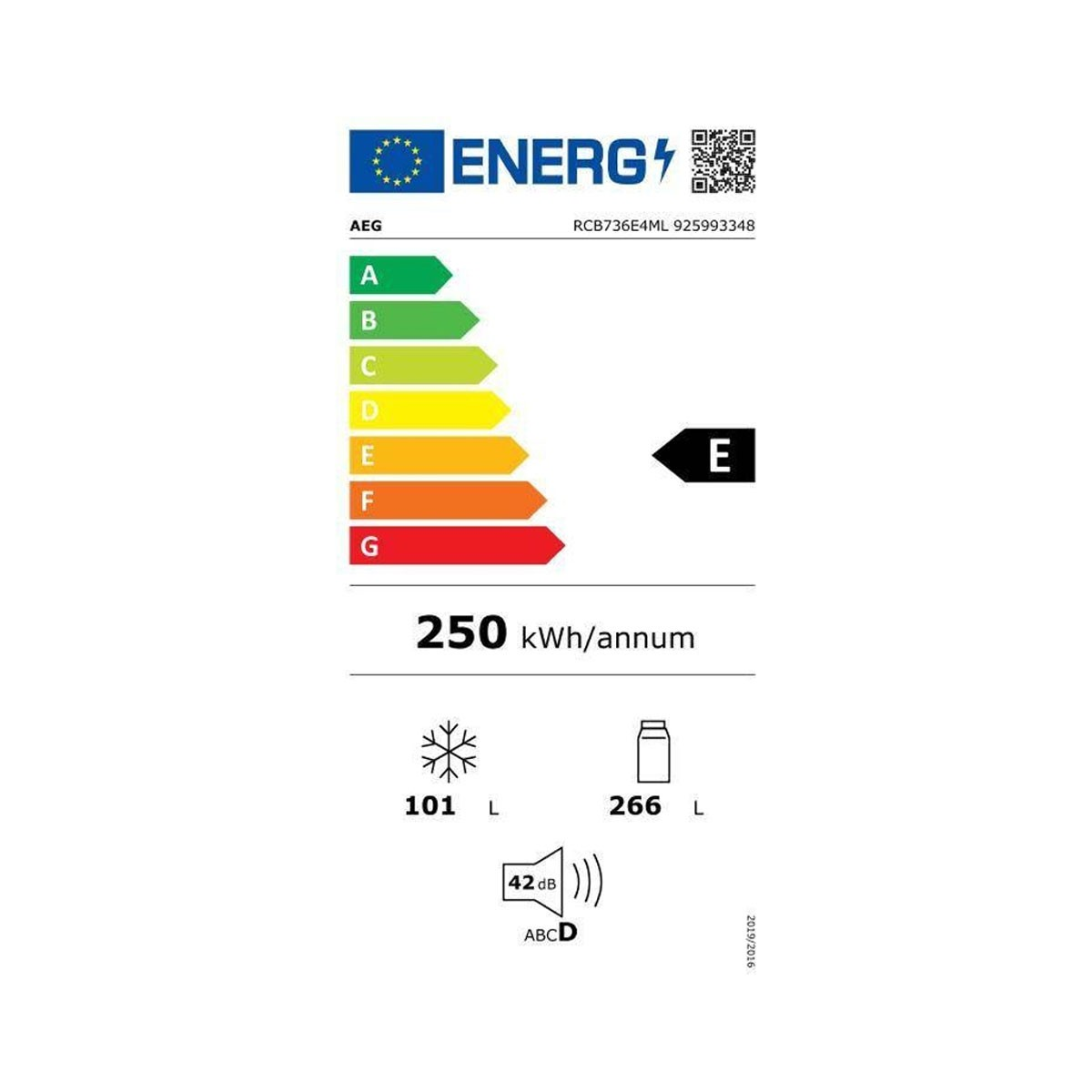 Una etiqueta de eficiencia energética con clasificaciones de la A a la G. La 'E' está resaltada. 250 kWh/año.