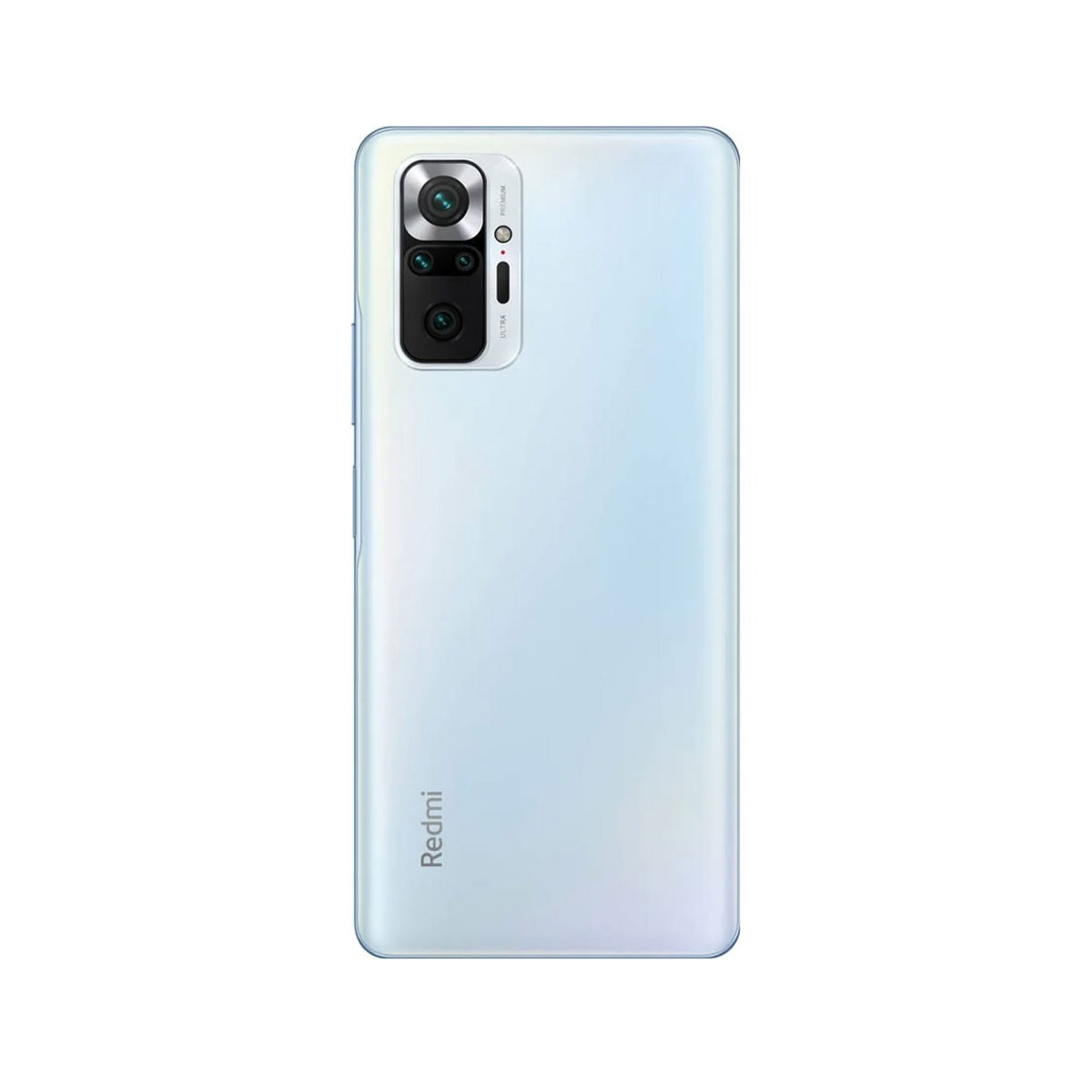 Beyaz Redmi telefon, arka görünüm, birden fazla kamera ve marka adı ile.