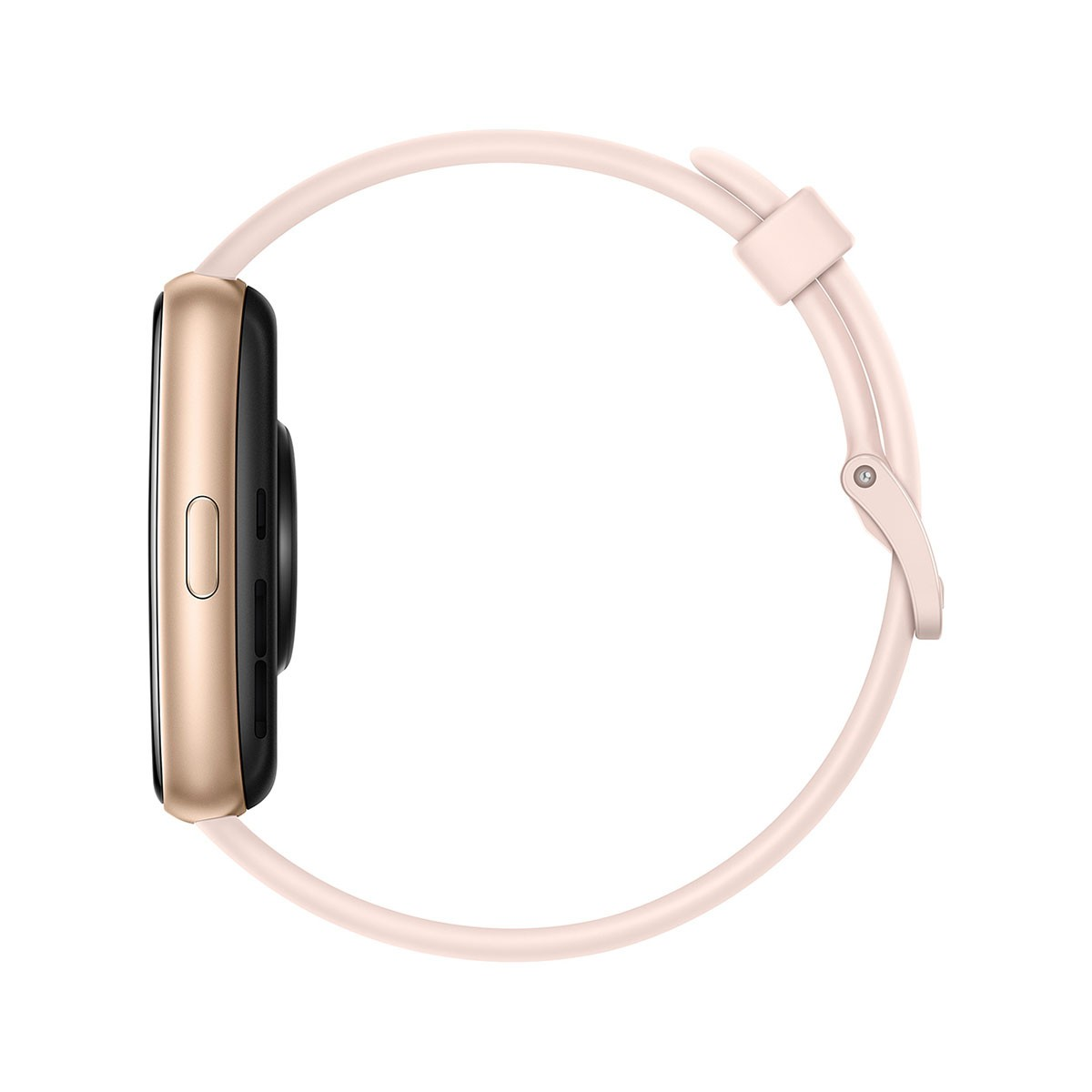 Smartwatch con correa rosa. Pantalla negra, marco dorado. Vista lateral, mostrando botones.