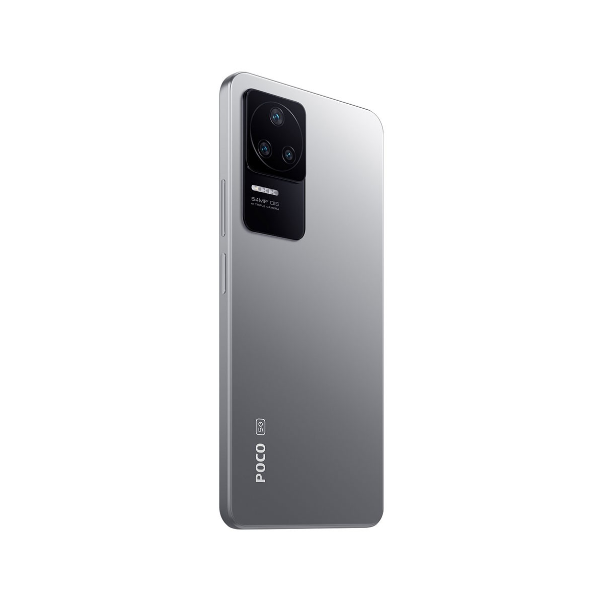 Graues Poco-Telefon. Rückansicht mit Kamera, Objektiven und 5G-Logo an der Seite.