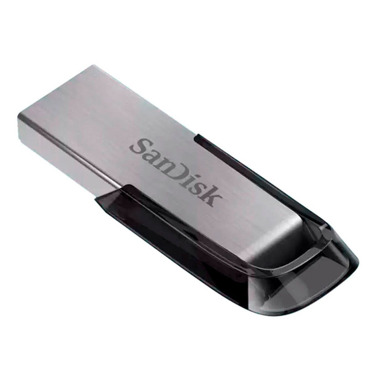 Srebrny i czarny pendrive SanDisk na białym tle.