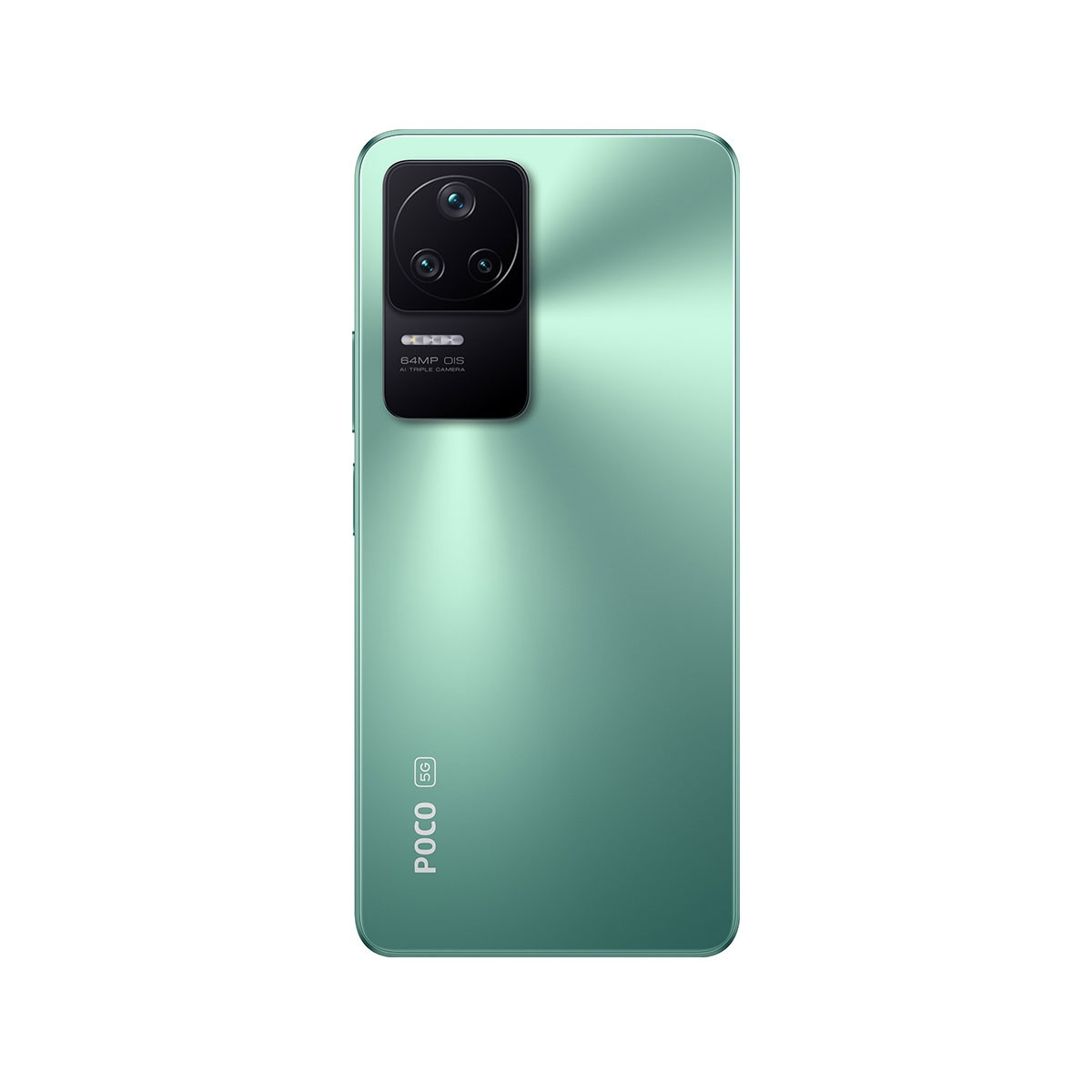 Ein grünes Smartphone mit Dreifachkameras auf der Rückseite auf weißem Hintergrund.