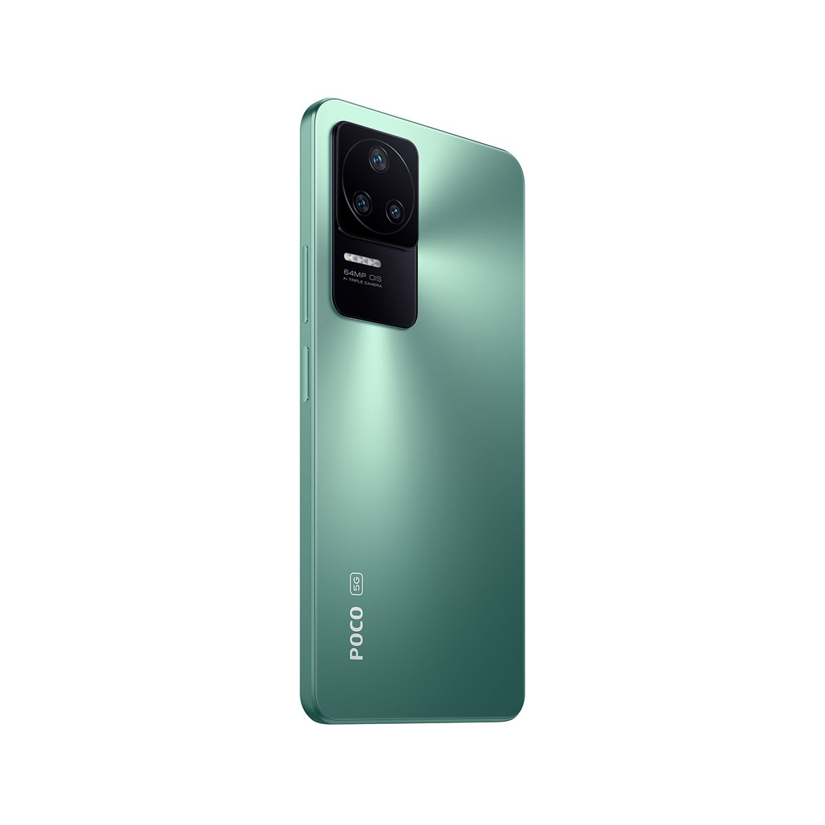 Grünes Telefon mit Kameradetails auf Weiß.