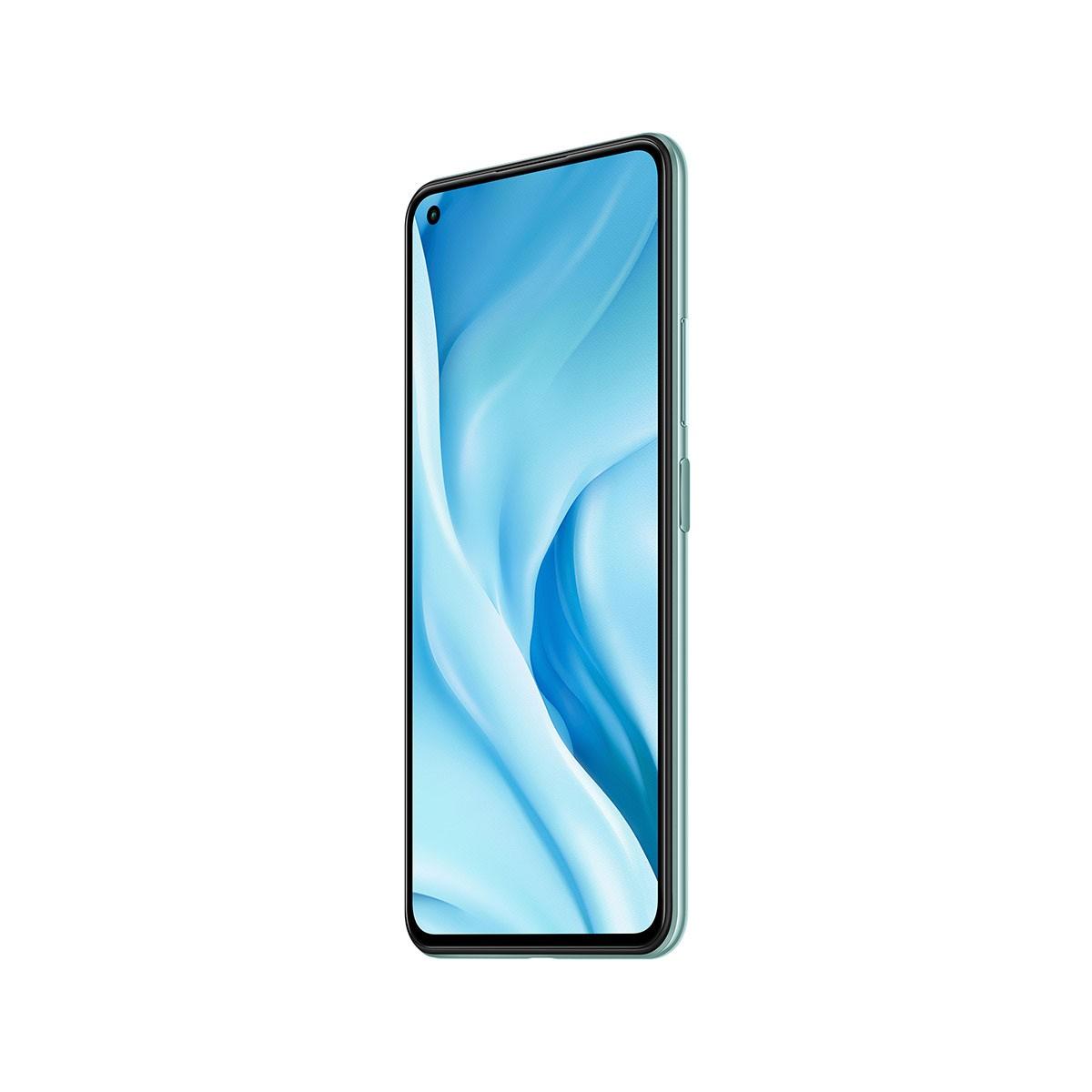 Ein mintgrünes Smartphone mit hellblauem Bildschirm, isoliert auf weißem Hintergrund.