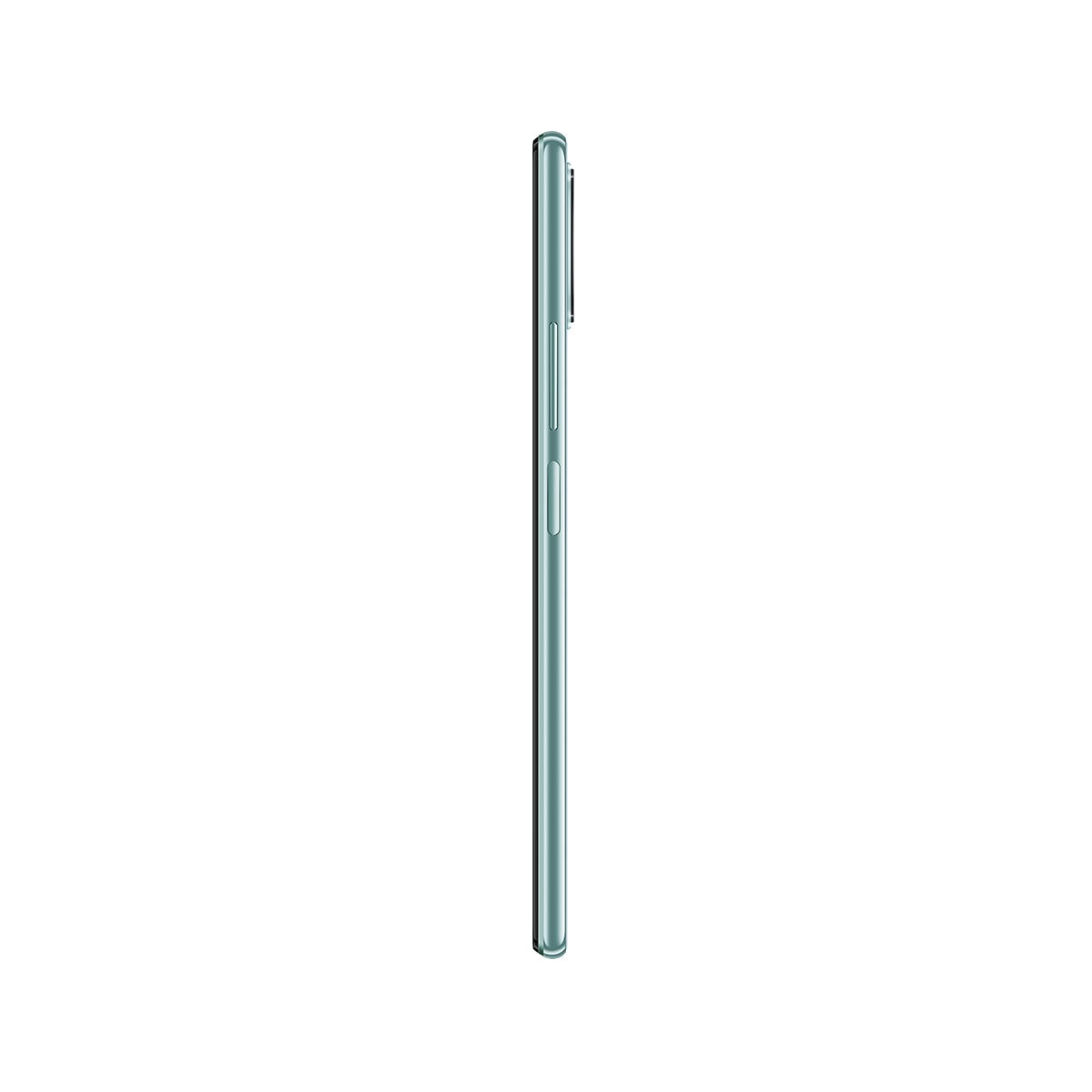 Grünes Telefon, Seitenansicht. Das Telefon ist dünn, mit Knöpfen an der Seite. Weißer Hintergrund.
