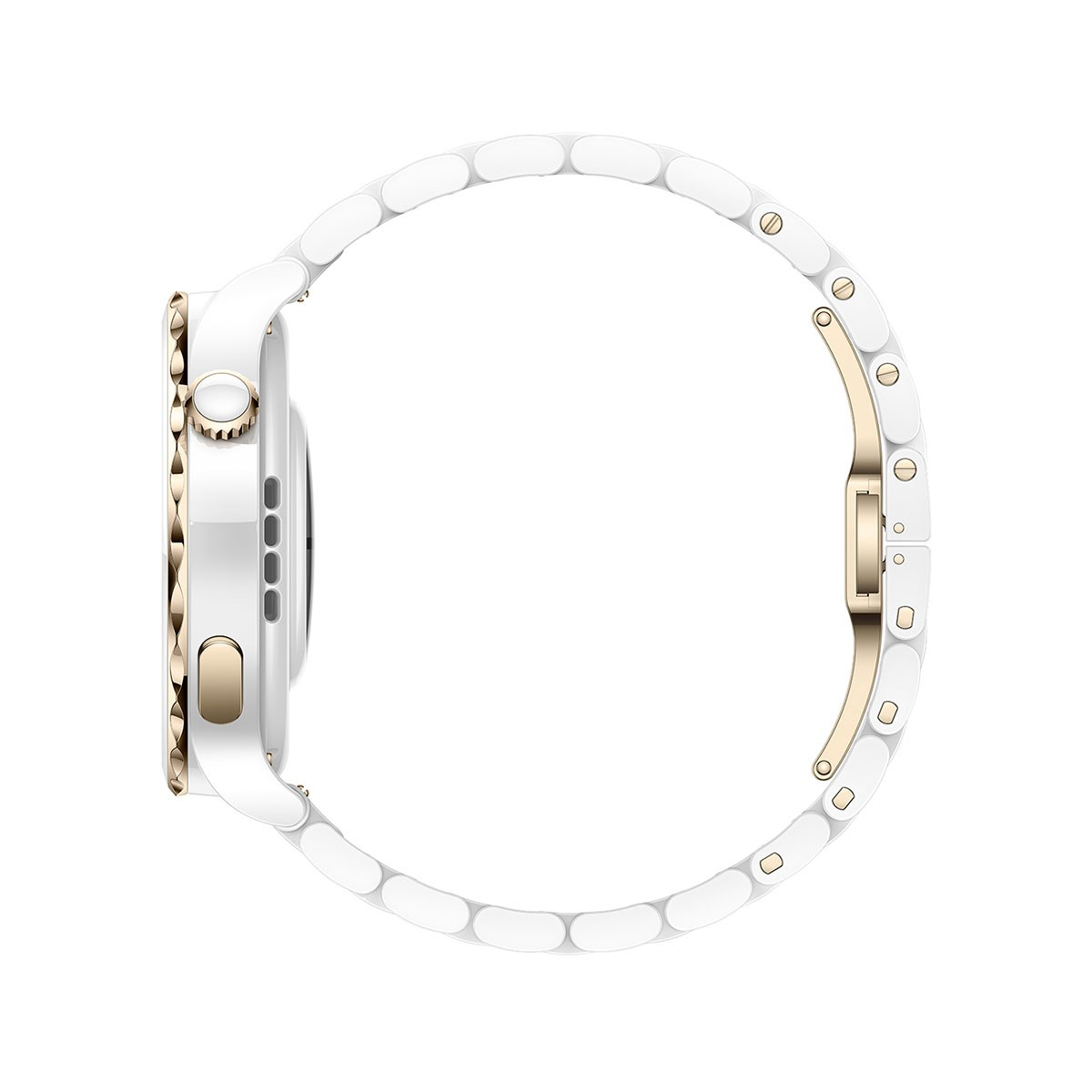 Vista laterale di uno smartwatch oro e bianco con cinturino bianco, sfondo bianco.