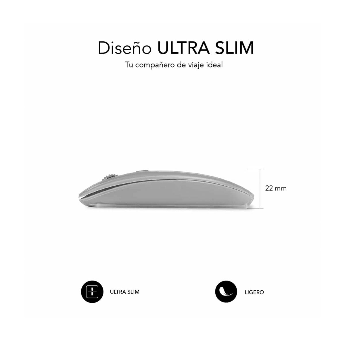 Szara mysz bezprzewodowa, widok z boku. Tekst 'Ultra Slim' i 'LIGERO'.